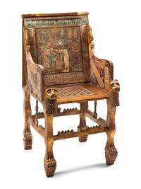 An Egyptian Style Painted Giltwood and Mother-of-Pearl Inlaid Throne Chair