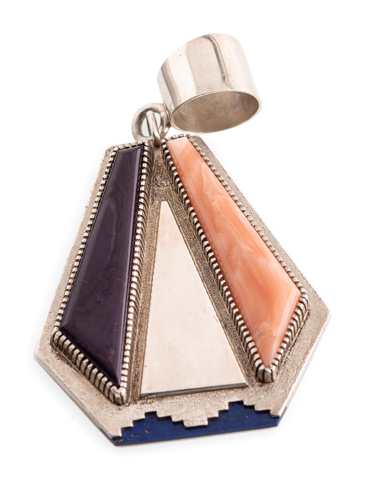 Silver Pendant, with Coral, Sugilite, and Lapis Inlay