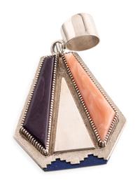 Silver Pendant, with Coral, Sugilite, and Lapis Inlay