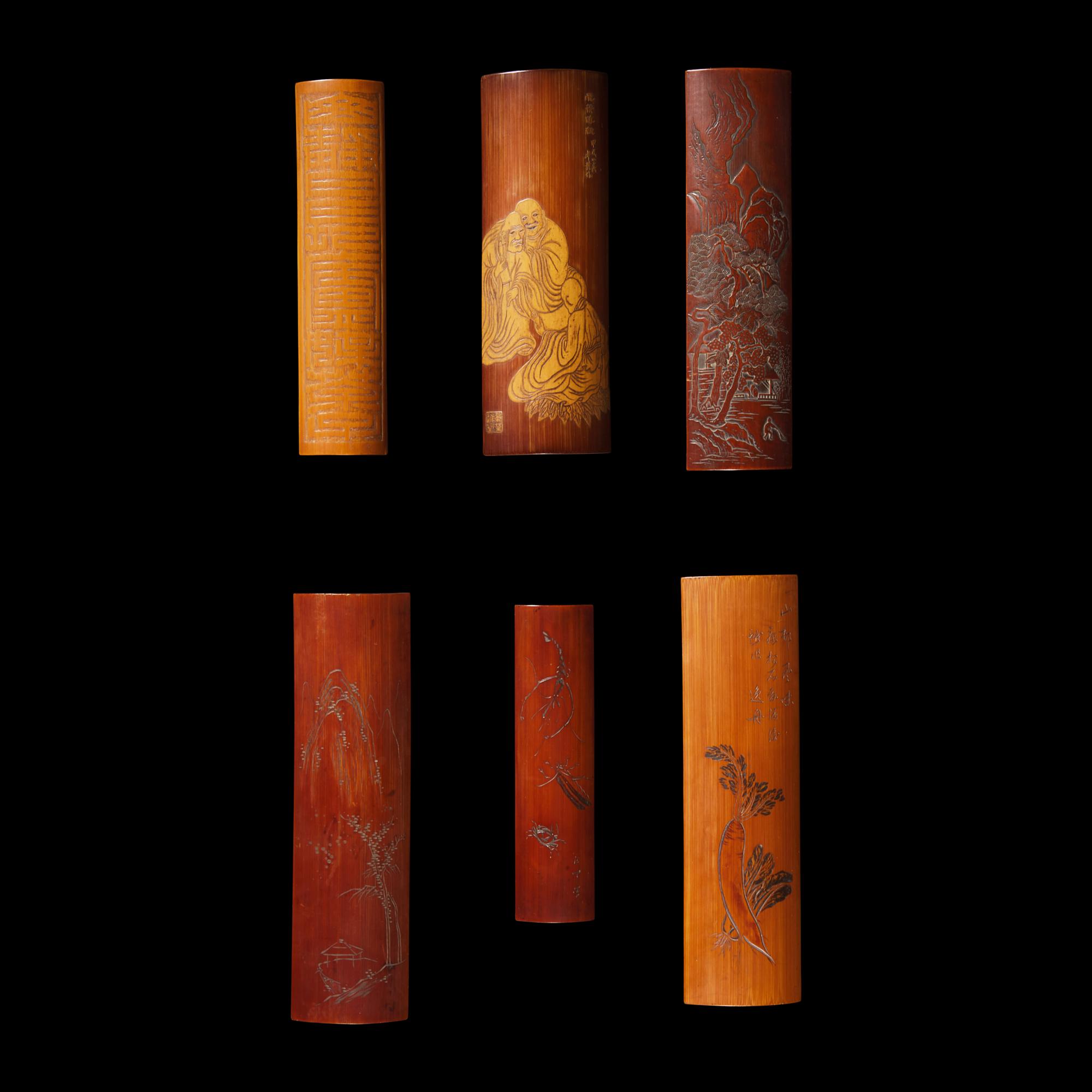 A Group of Six Chinese Bamboo Wrist Rests 竹雕臂擱六件