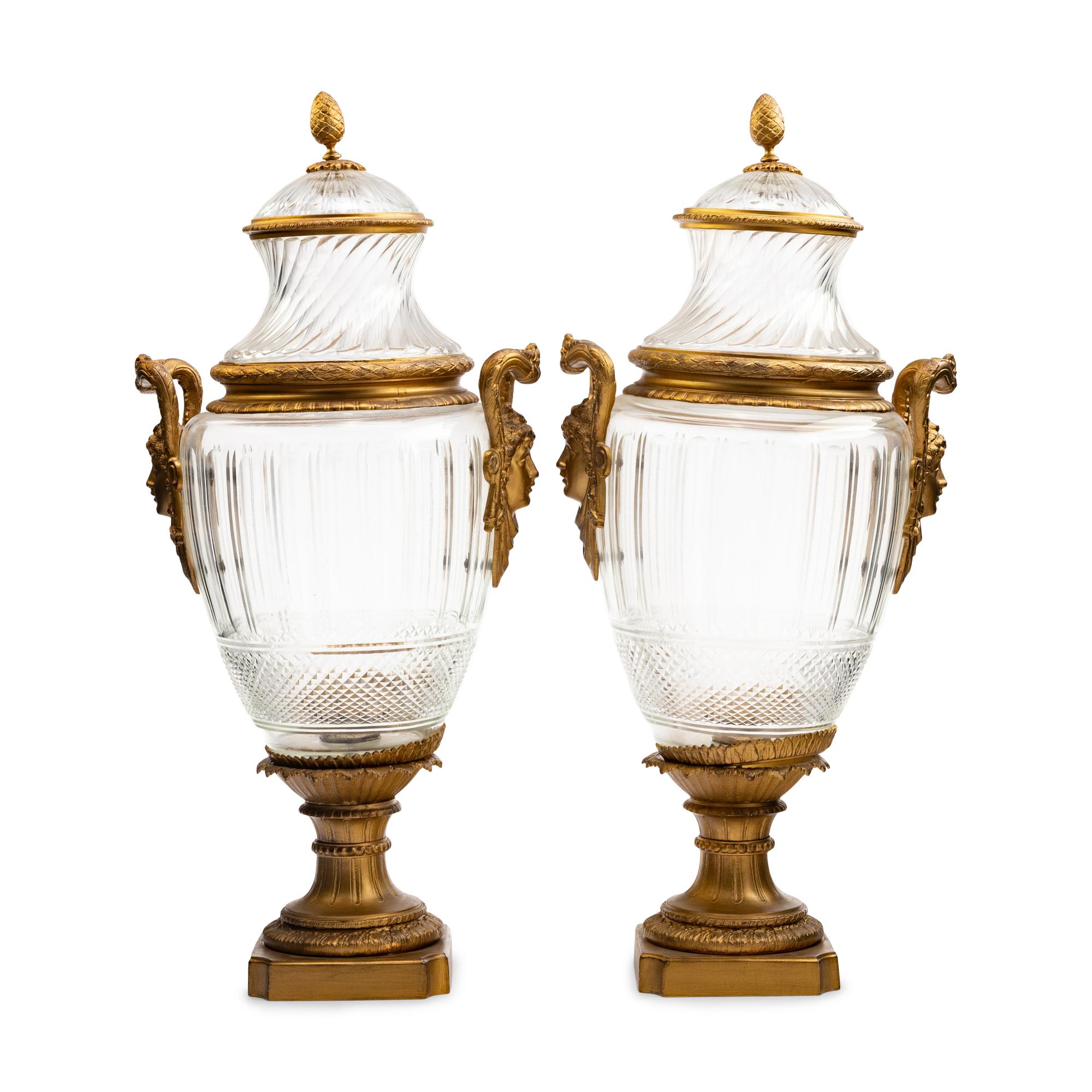 A Pair of Large Baccarat Gilt Bronze and Cut-Glass Urns