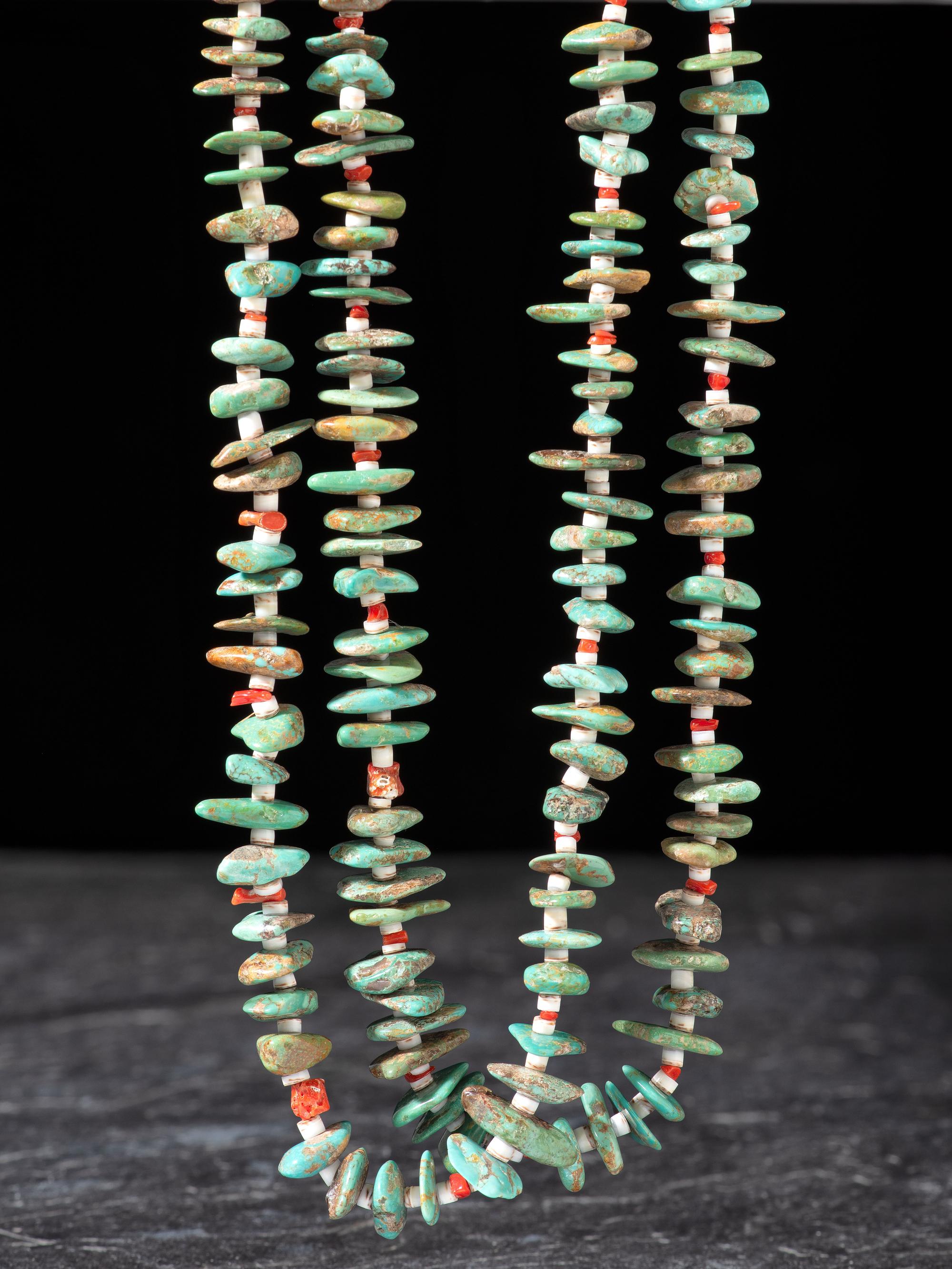 Double-strand #8 Turquoise, Heishi, and Coral Necklace