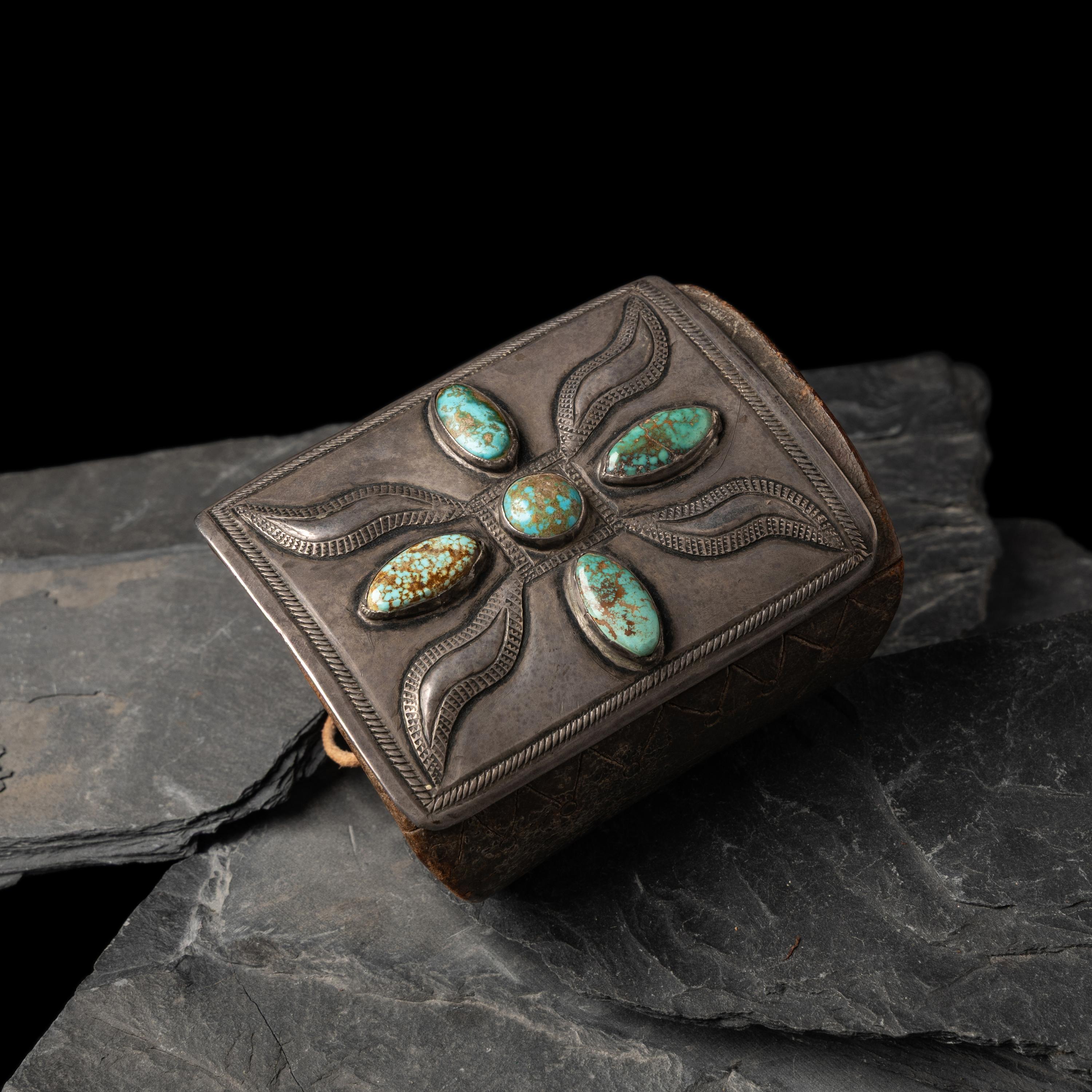 Early Navajo Ingot and Turquoise Ketoh, with Carved Design on Leather Band