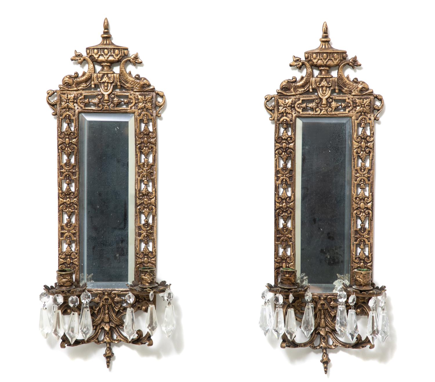 A Pair of Louis XVI Style Cast Brass Mirror Back Two-Light Wall Sconces Height 22 inches. — 20TH CENTURY