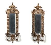 A Pair of Louis XVI Style Cast Brass Mirror Back Two-Light Wall Sconces Height 22 inches. — 20TH CENTURY