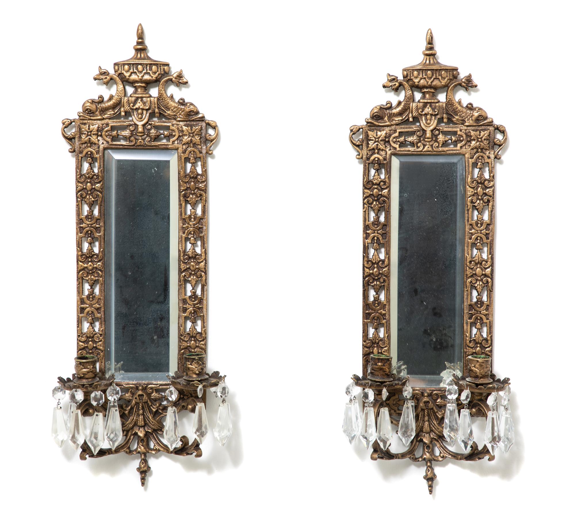 A Pair of Louis XVI Style Cast Brass Mirror Back Two-Light Wall Sconces Height 22 inches. — 20TH CENTURY