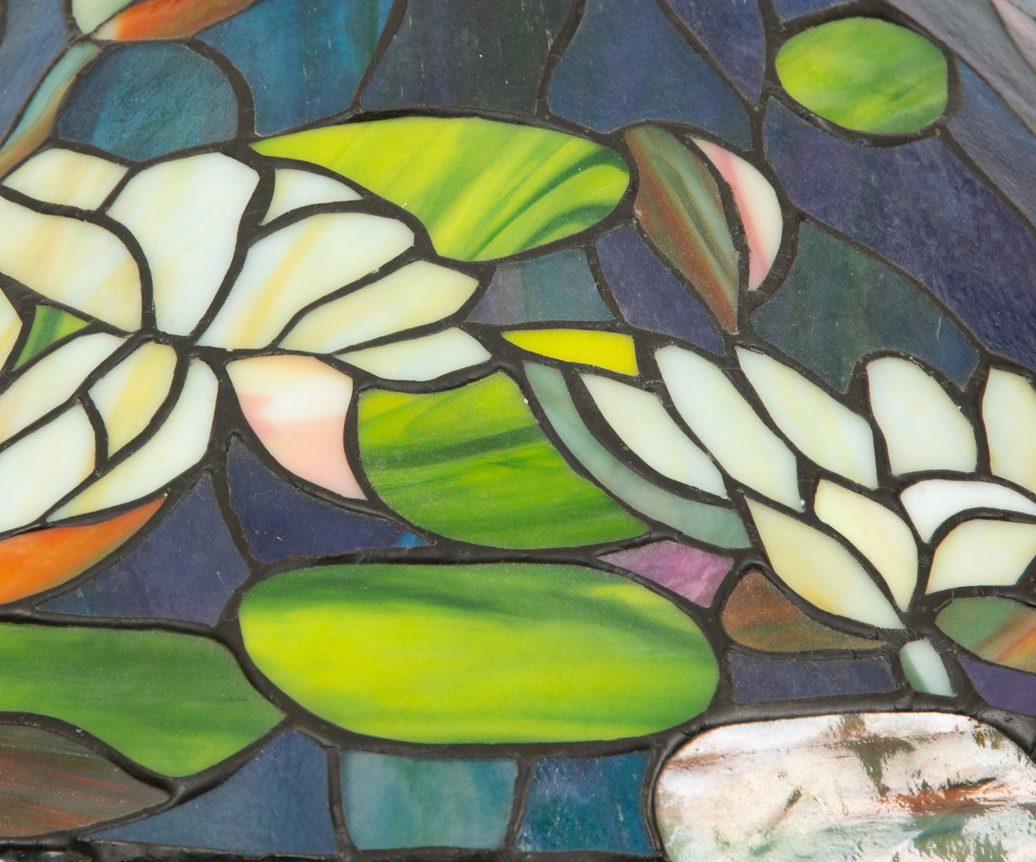 A Gilbertson's Studio Leaded Glass and Bronze Water Lily Lamp