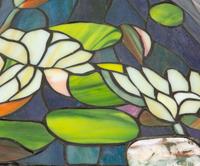 A Gilbertson's Studio Leaded Glass and Bronze Water Lily Lamp