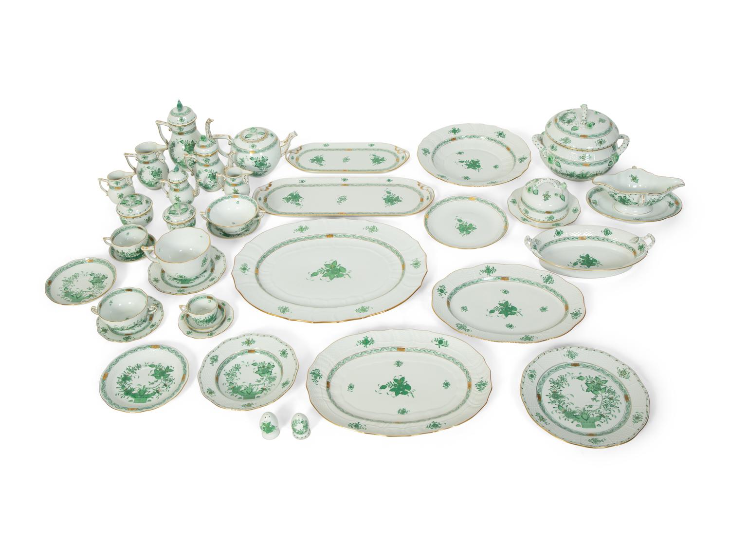 A Partial Herend Chinese Green Bouquet Porcelain Dinner Service and Serving Pieces — 20TH CENTURY
