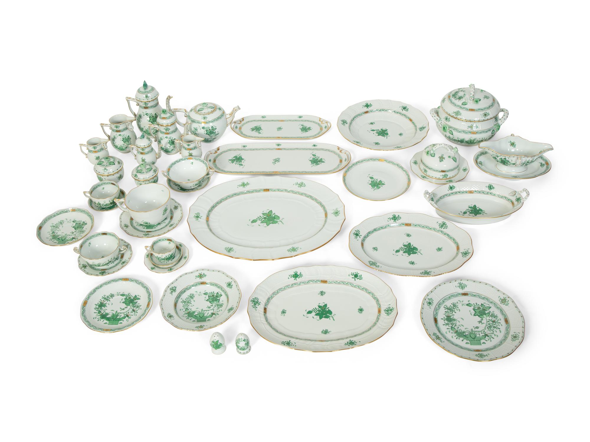 A Partial Herend Chinese Green Bouquet Porcelain Dinner Service and Serving Pieces — 20TH CENTURY