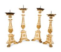 Two Pairs of Tuscan Painted and Parcel Gilt Candlesticks — 17TH CENTURY