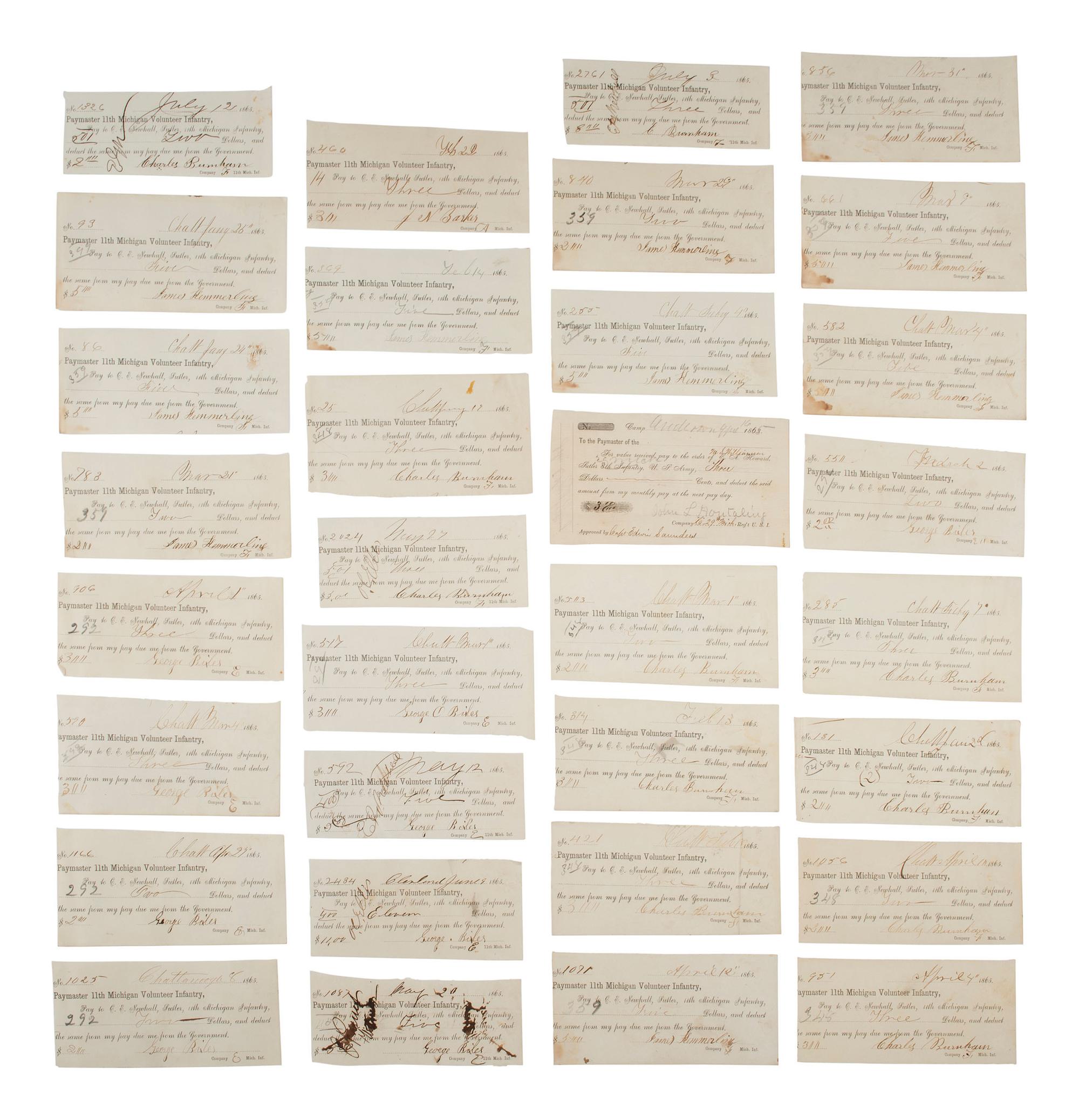 [CIVIL WAR]. Military sutler script from Michigan, Ohio, and Indiana regiments, plus.