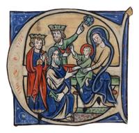 RHENISH ILLUMINATOR(?) Cutting with historiated initial ‘E’ of the Adoration of the Magi, probably from a Gradual, in Latin, illuminated manuscript on parchment [Germany, The Rhineland? c. 1240–1260]