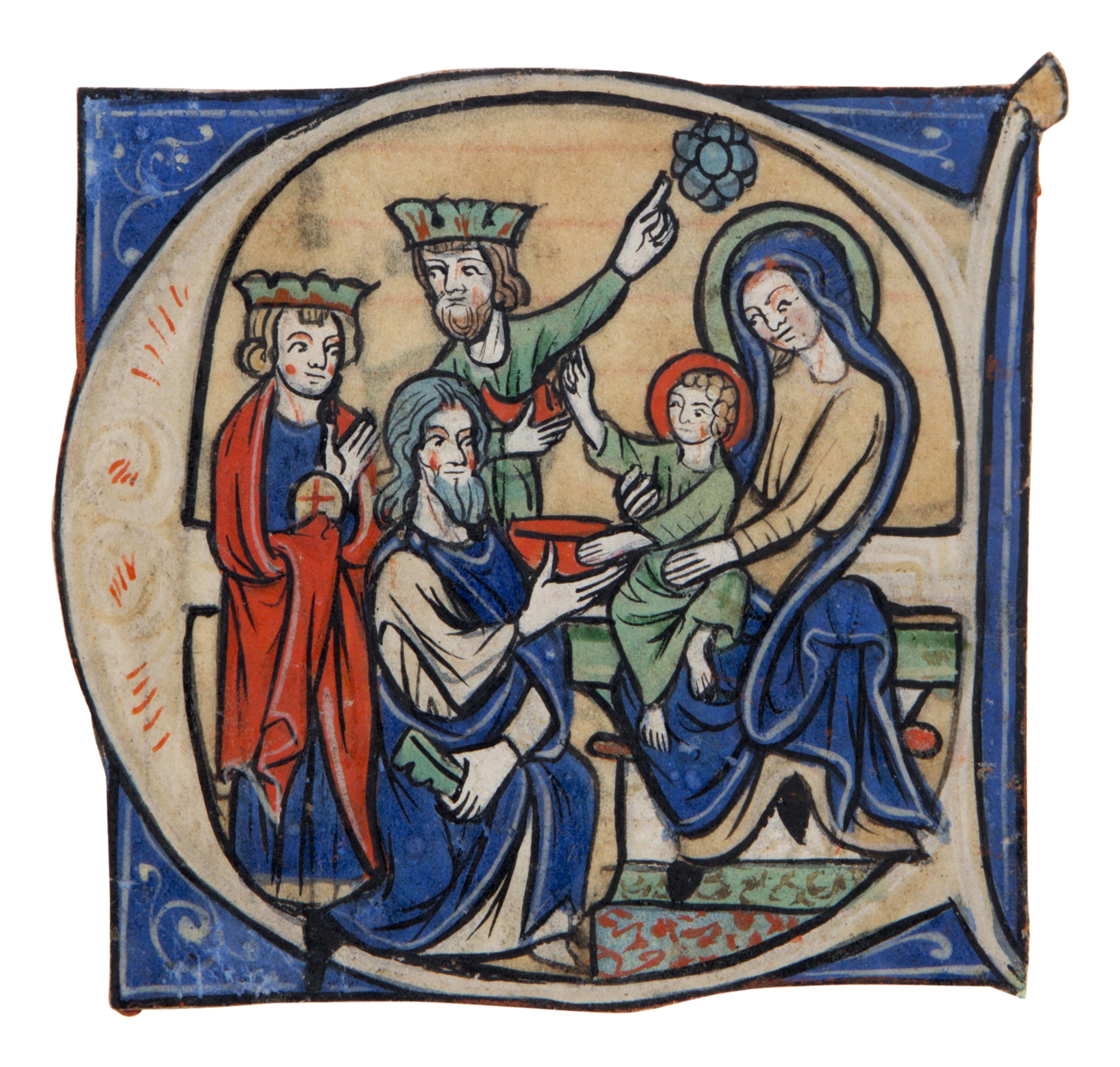 RHENISH ILLUMINATOR(?) Cutting with historiated initial ‘E’ of the Adoration of the Magi, probably from a Gradual, in Latin, illuminated manuscript on parchment [Germany, The Rhineland? c. 1240–1260]