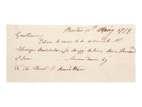 [REVOLUTIONARY WAR] -- [BOSTON TEA PARTY]. DAVIS, Amasa (1744-1825). Autograph letter signed by Amasa Davis ("Amasa Davis Agt"), as Agent for the Board of War, regarding the outfitting of the armed Brigantine Active . Boston [MA], 11 May 1779.