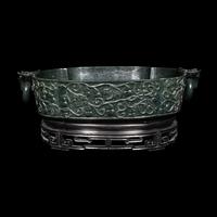 A Chinese Spinach Jade Marriage Bowl, Late Qing/Republic Period 晚清/民國 碧玉雕福祿萬代雙蝠活耳洗