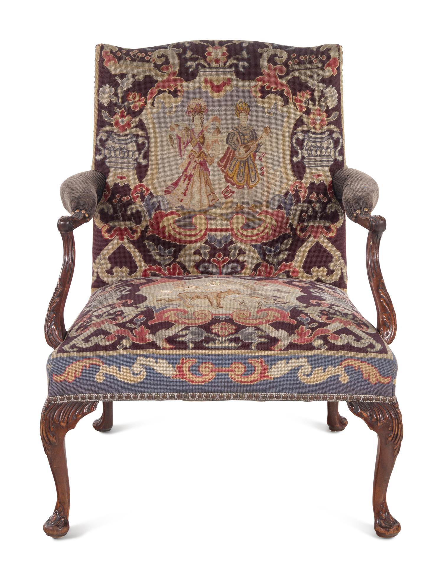 A Georgian Style Needlepoint-Upholstered Walnut Library Chair