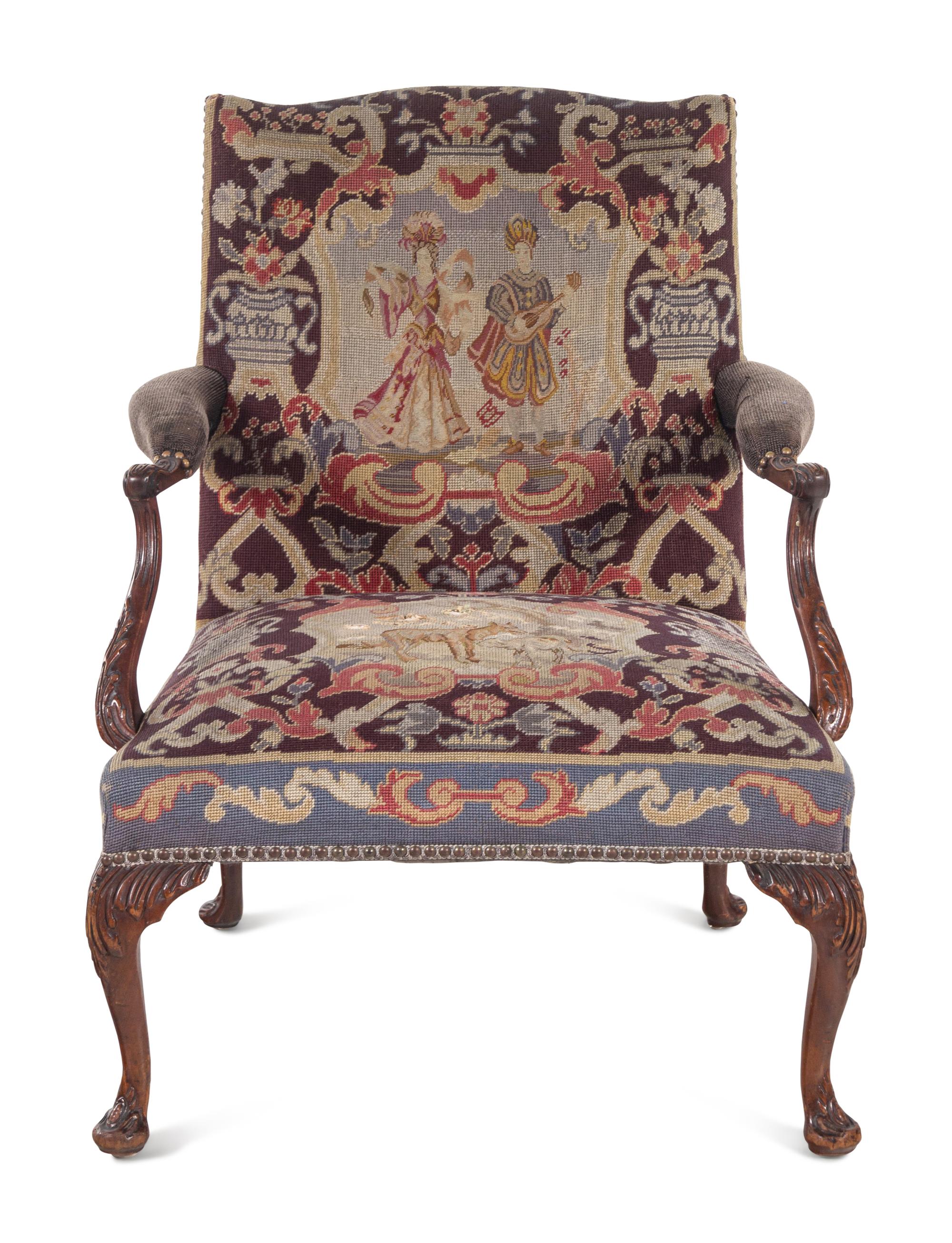 A Georgian Style Needlepoint-Upholstered Walnut Library Chair