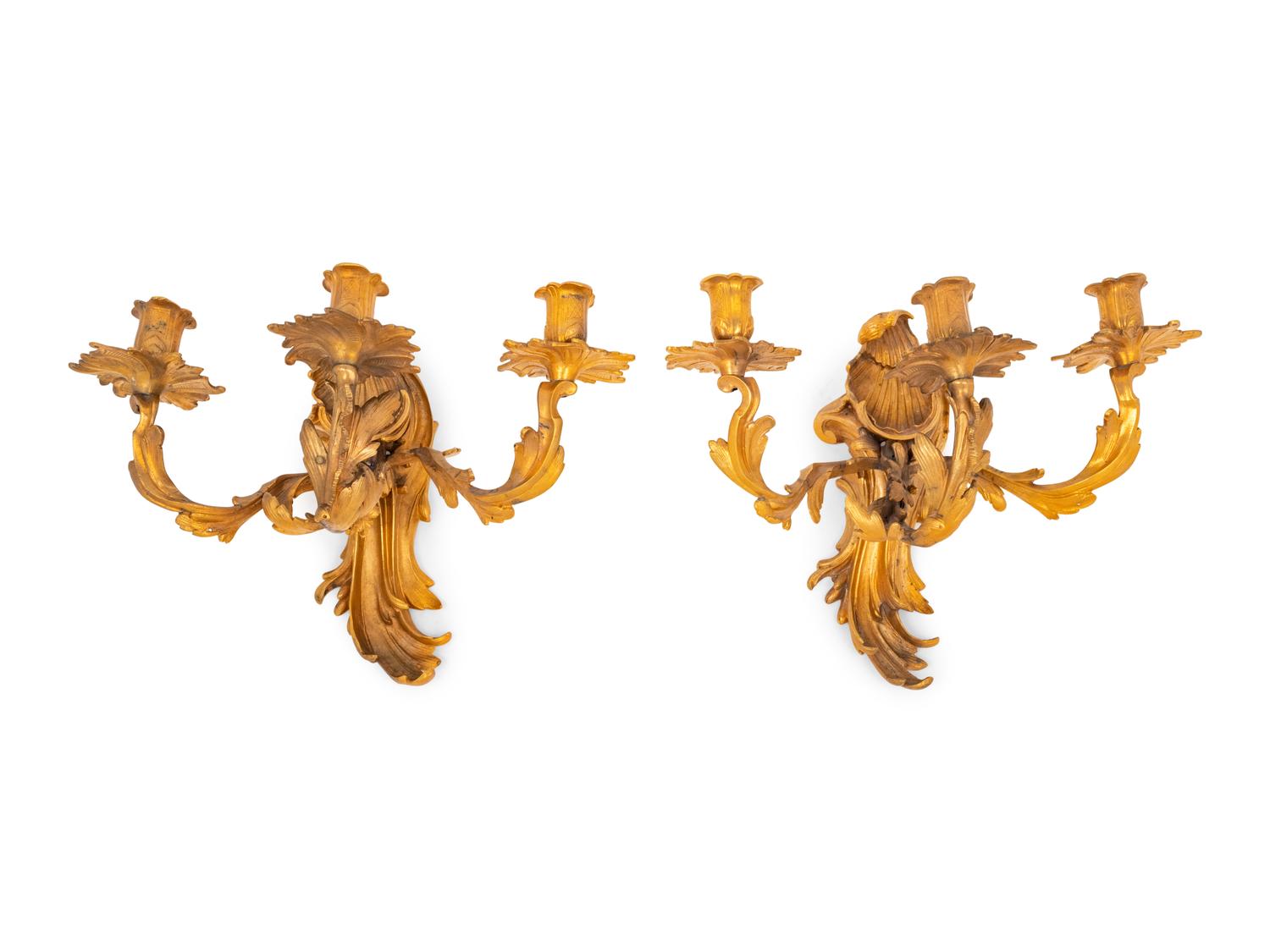 A Pair of Louis XV Style Gilt Bronze Three-Light Sconces