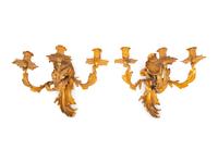 A Pair of Louis XV Style Gilt Bronze Three-Light Sconces