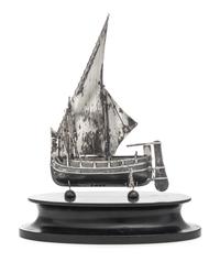 A Continental Silver Nef, Likely Dutch, Maker's Mark F.P., Late 19th/Early 20th Century, mounted to a wood base.