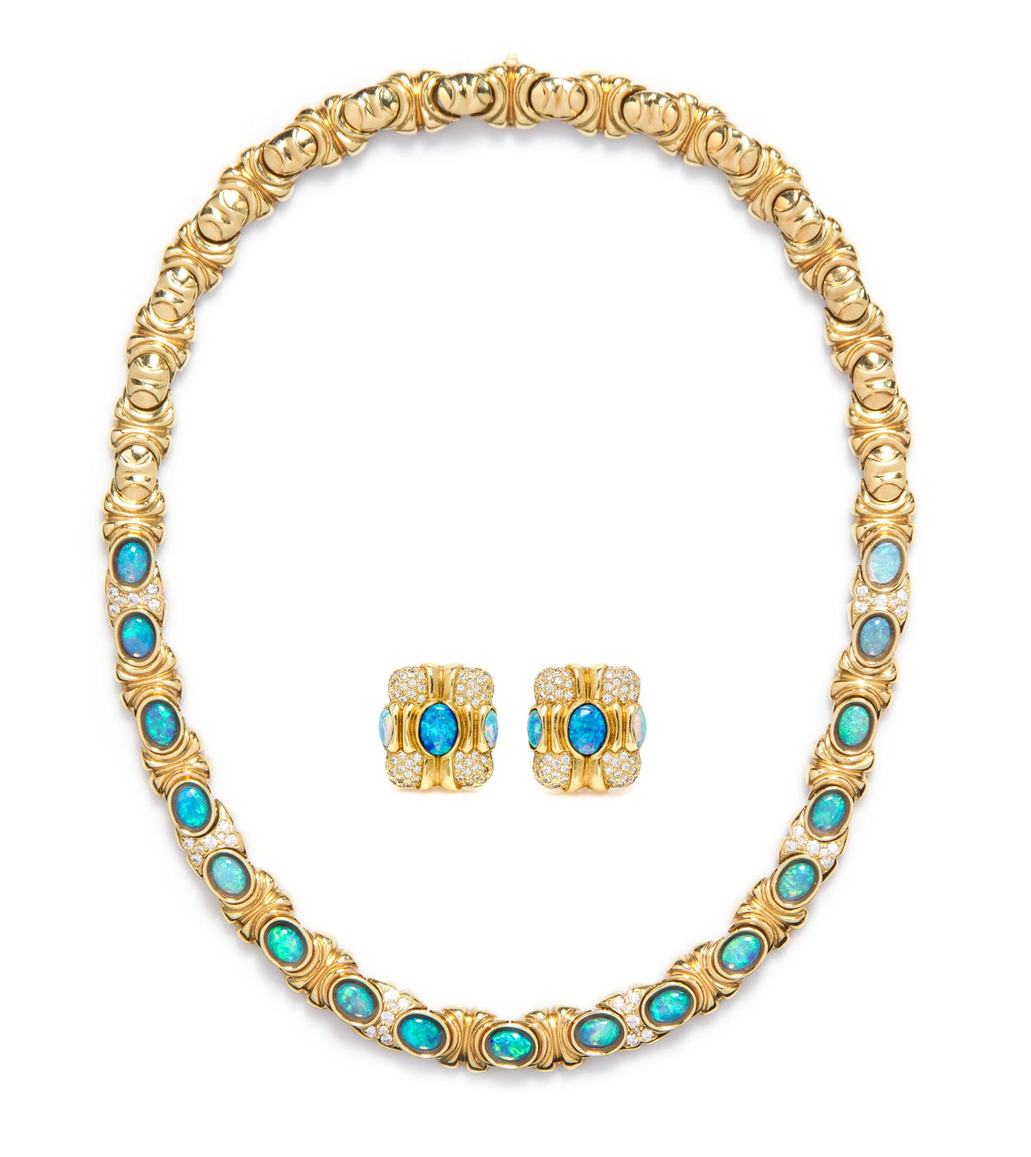 An 18 Karat Yellow Gold Diamond and Opal Demi Parure, 99.90 dwts.