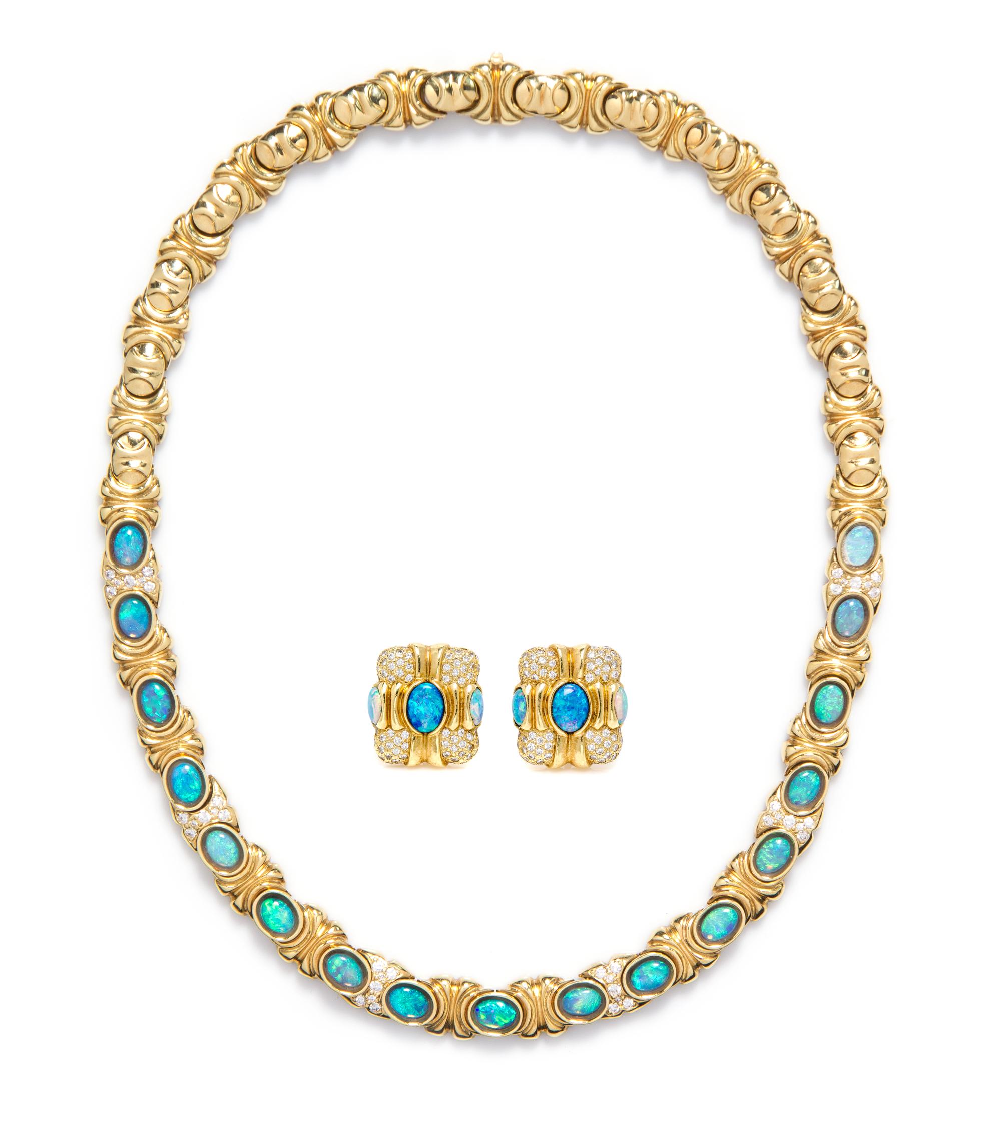 An 18 Karat Yellow Gold Diamond and Opal Demi Parure, 99.90 dwts.
