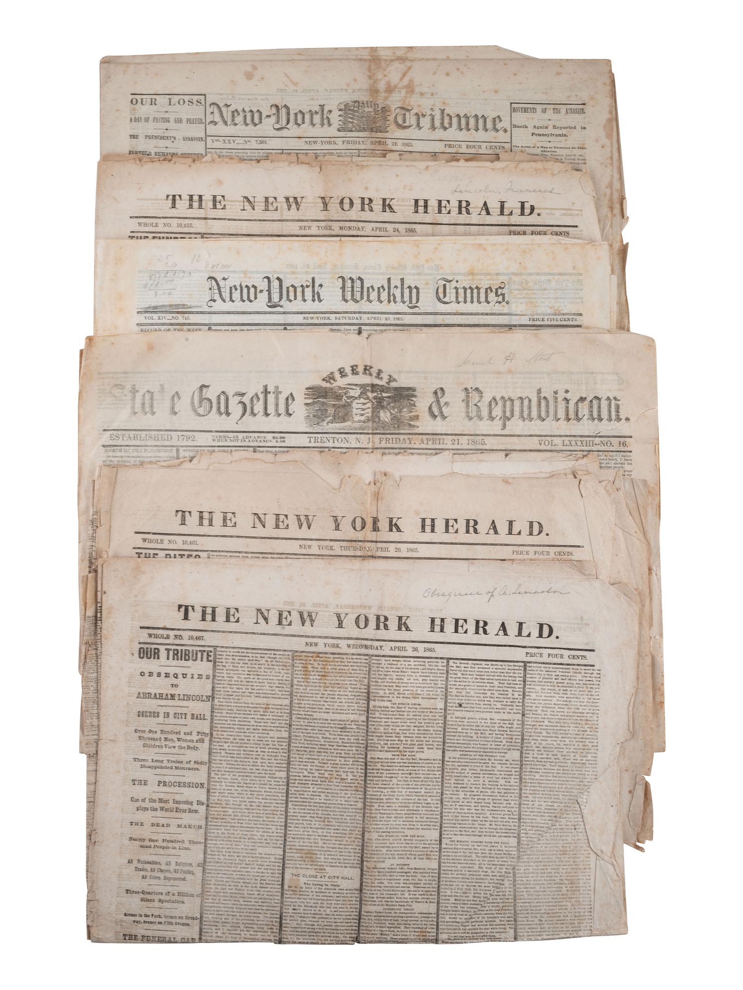 [LINCOLNIANA]. New York and New Jersey newspapers reporting on Lincoln's assassination. April 1865.