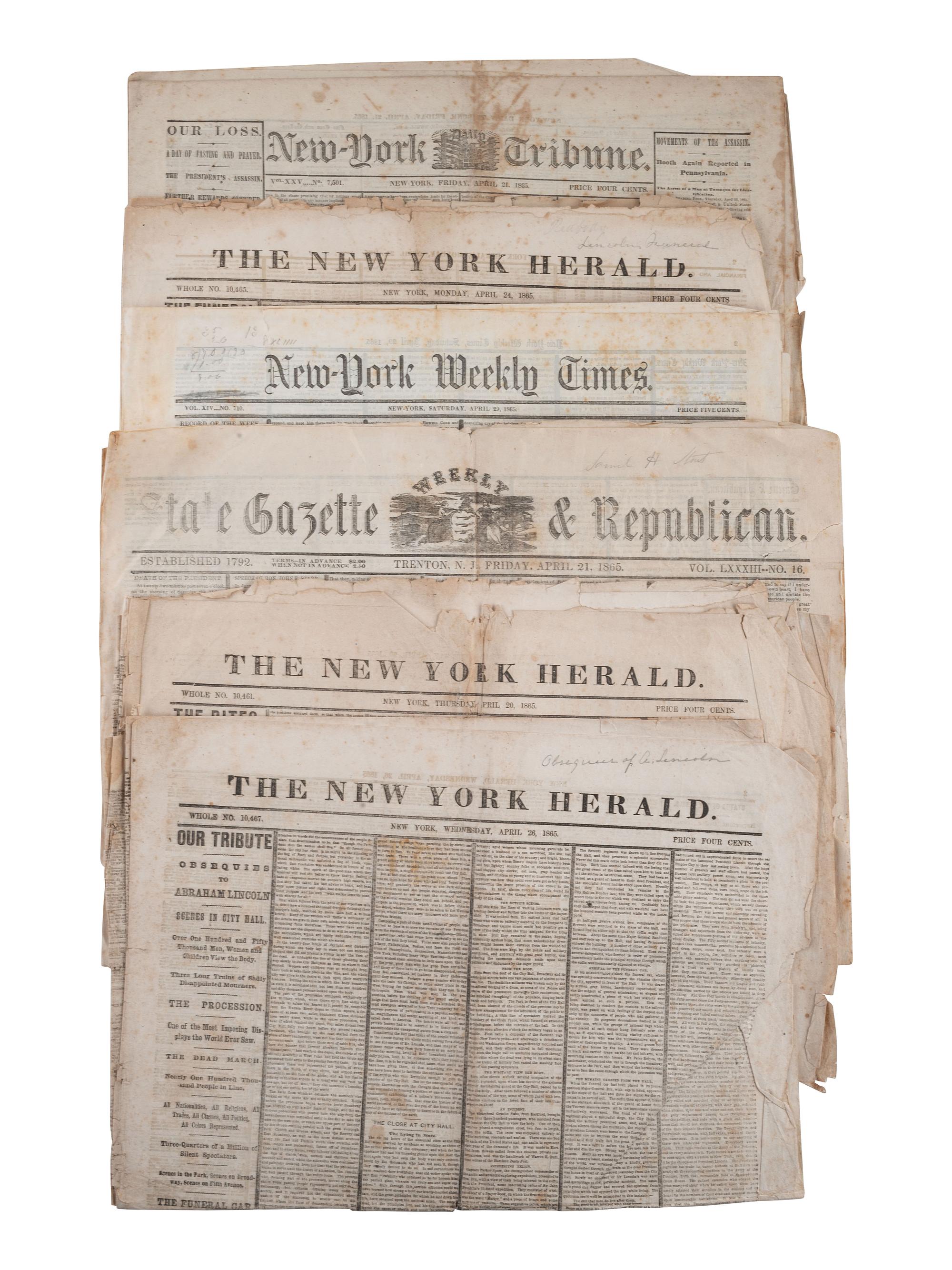 [LINCOLNIANA]. New York and New Jersey newspapers reporting on Lincoln's assassination. April 1865.