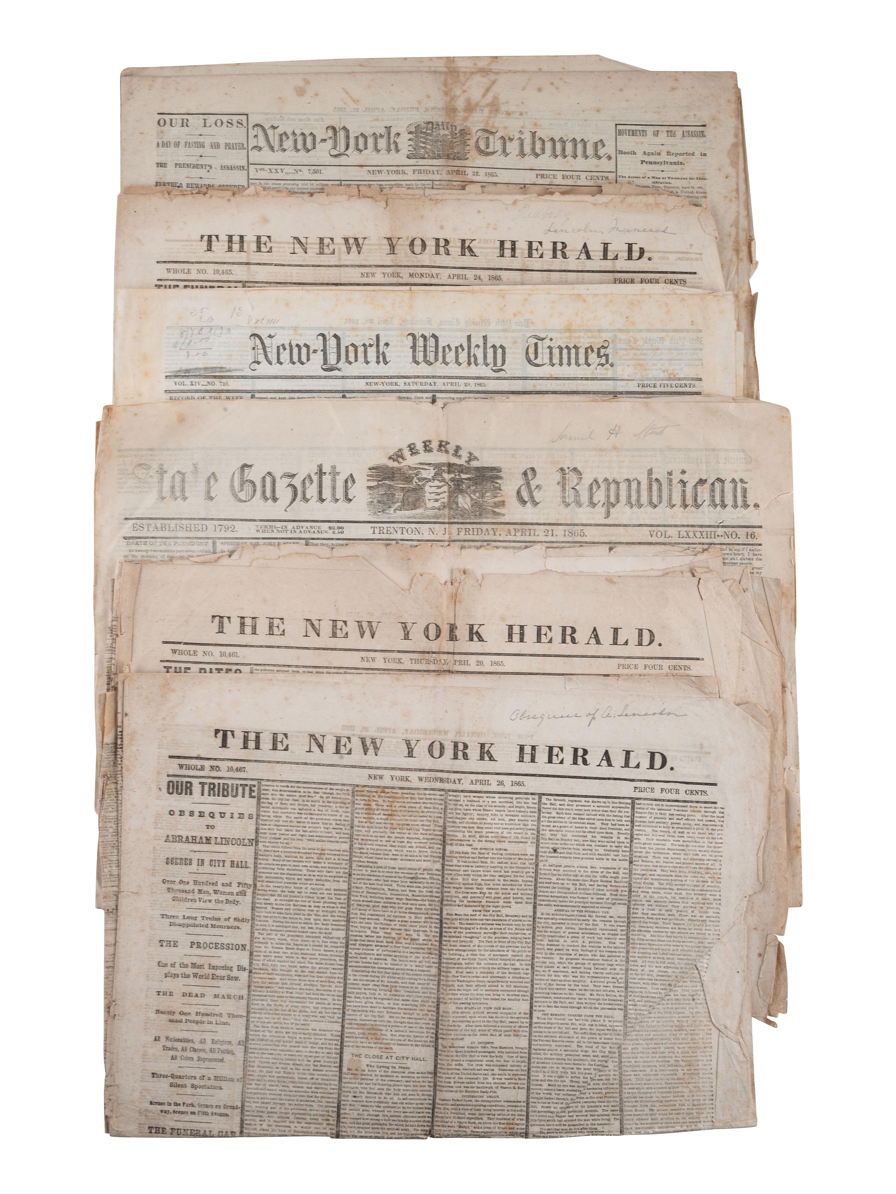[LINCOLNIANA]. New York and New Jersey newspapers reporting on Lincoln's assassination. April 1865.