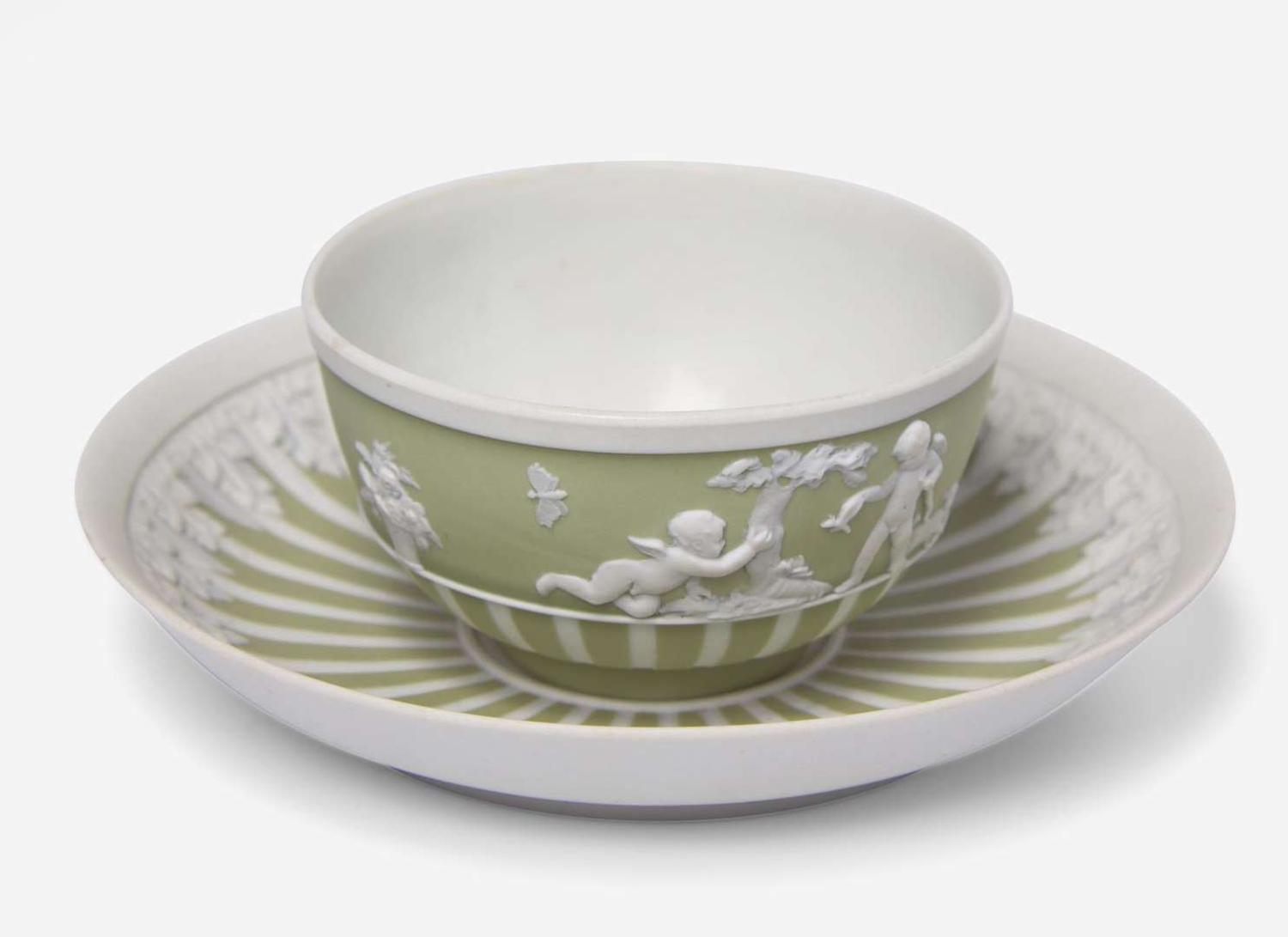 A Wedgwood Green Dip Jasperware Tea Bowl and Saucer, UK, late 19th century