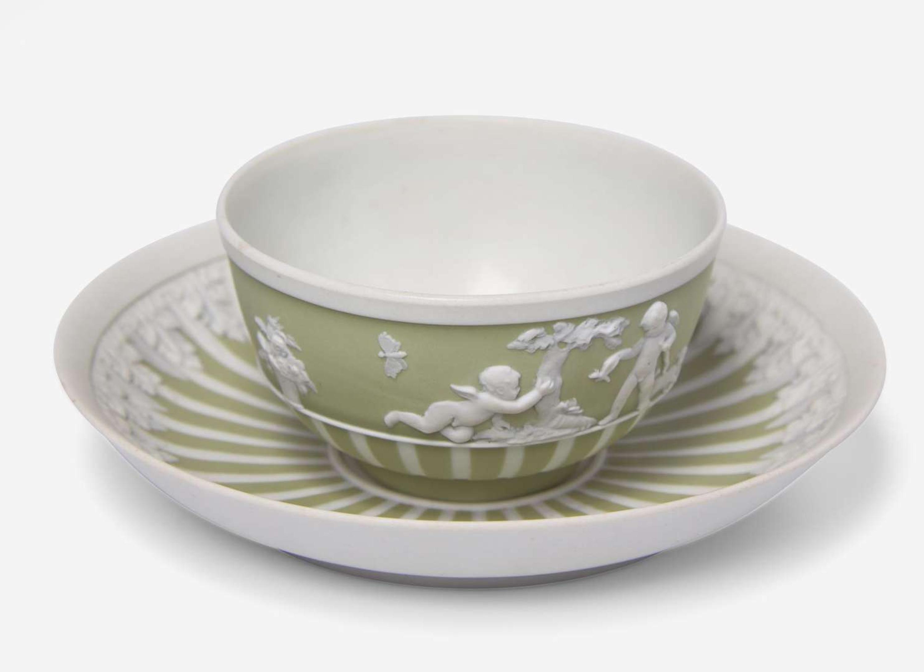 A Wedgwood Green Dip Jasperware Tea Bowl and Saucer, UK, late 19th century