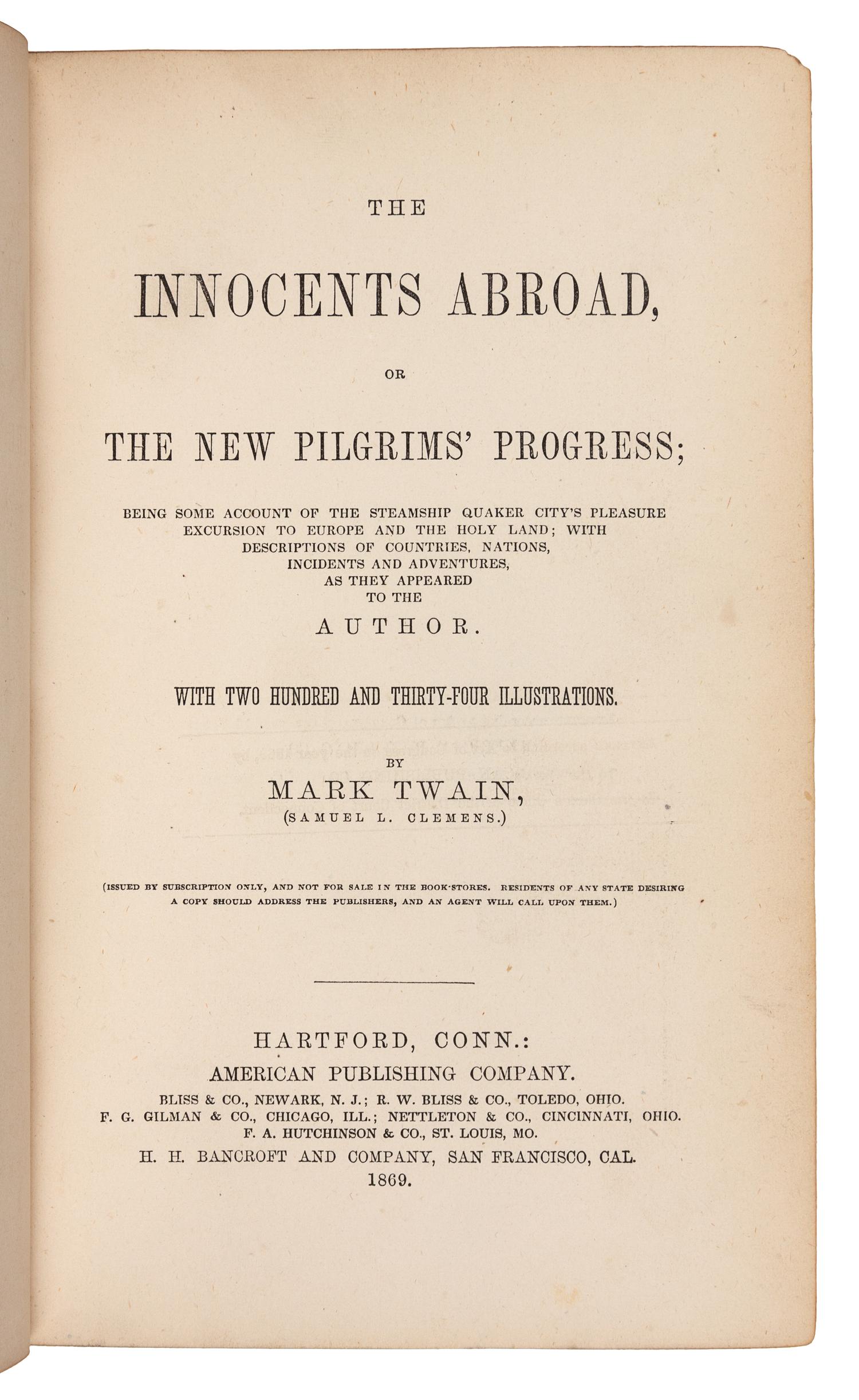 CLEMENS, Samuel Langhorne ("Mark Twain") (1835-1910). The Innocents Abroad, or the New Pilgrims' Progress. Hartford: American Publishing Company, 1869.