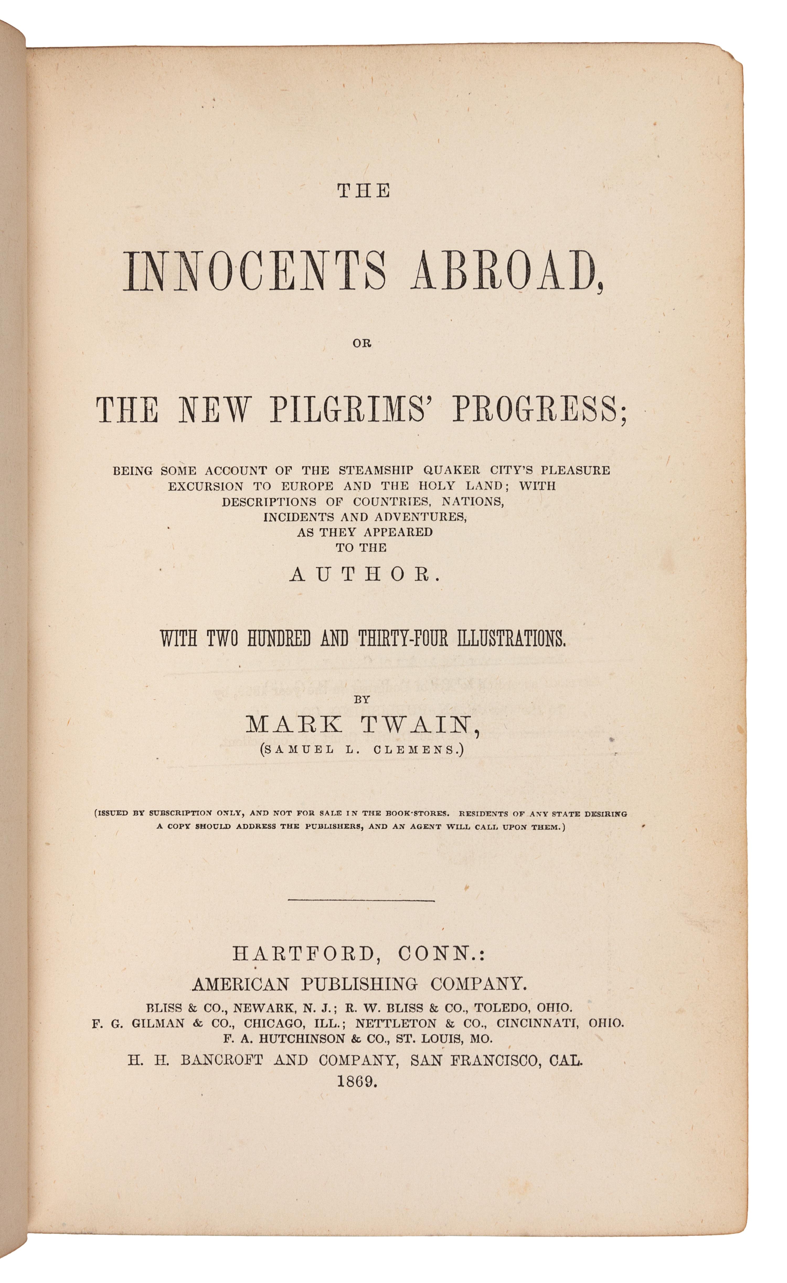 CLEMENS, Samuel Langhorne ("Mark Twain") (1835-1910). The Innocents Abroad, or the New Pilgrims' Progress. Hartford: American Publishing Company, 1869.