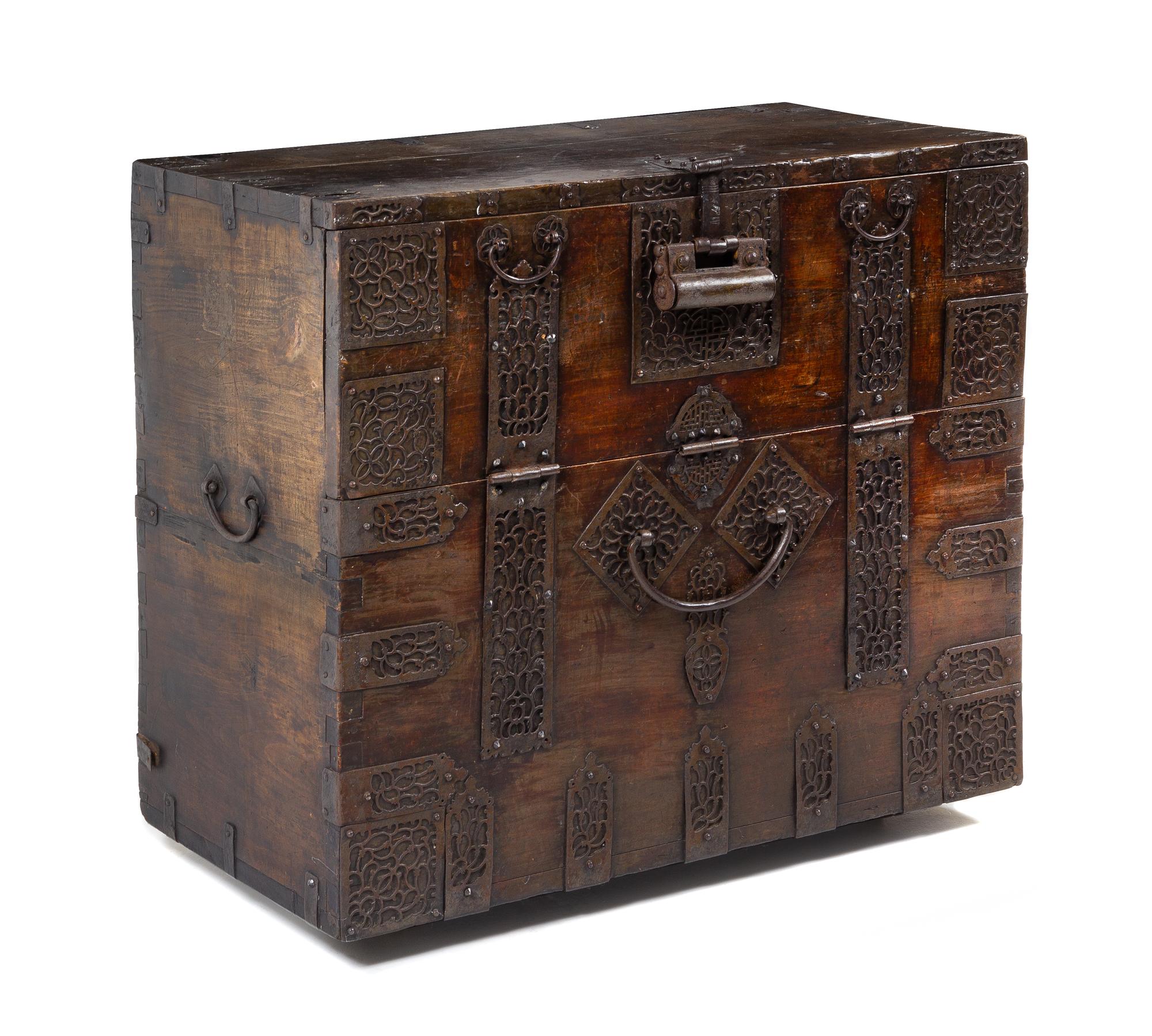 A Korean Metal Mounted Wood Chest Height 33 1/2 x width 38 x depth 18 1/2 inches.