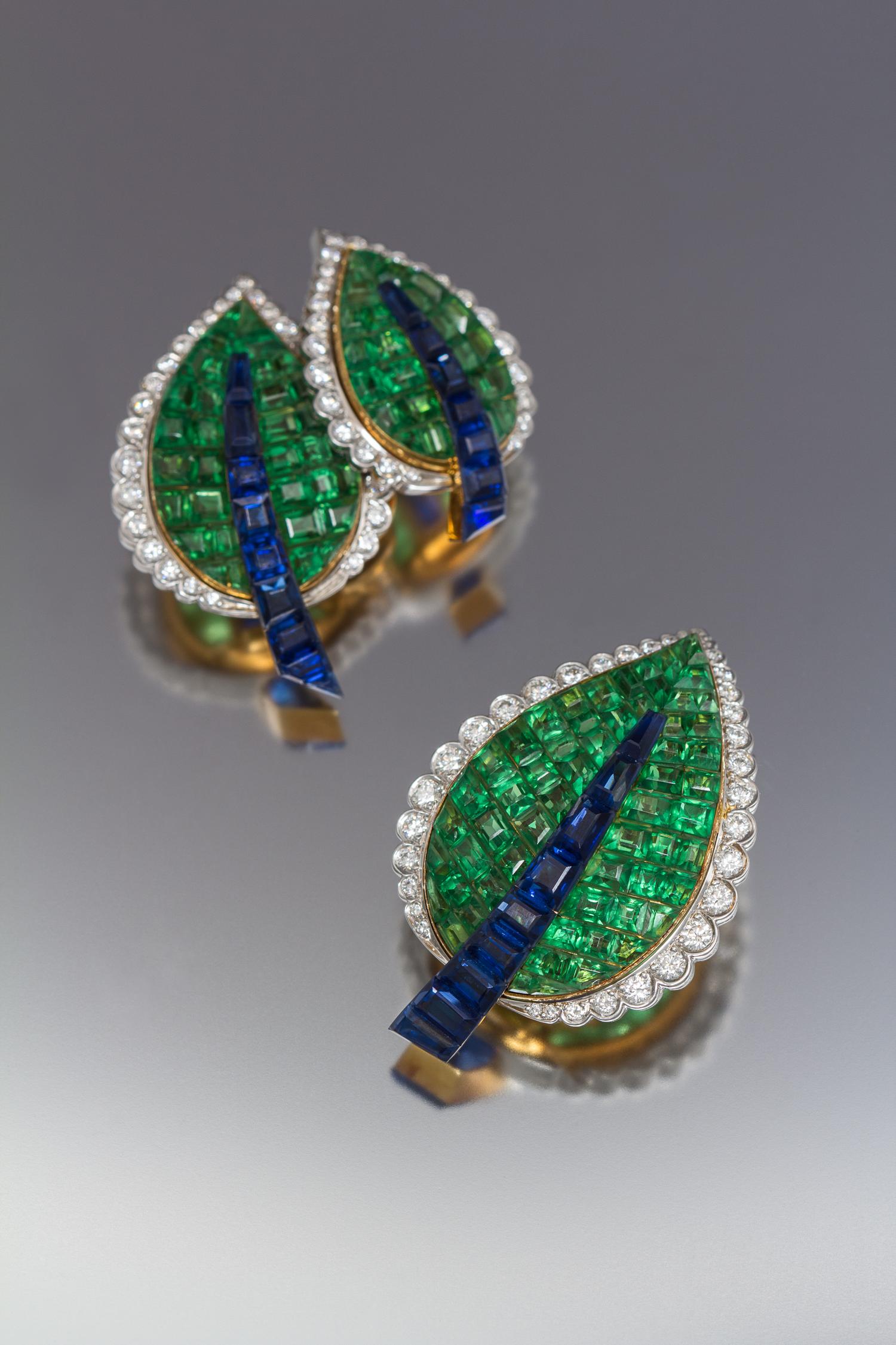 A Pair of Platinum, 18 Karat Yellow Gold, Diamond, Sapphire, and Tsavorite Garnet Earclips, Aletto Brothers