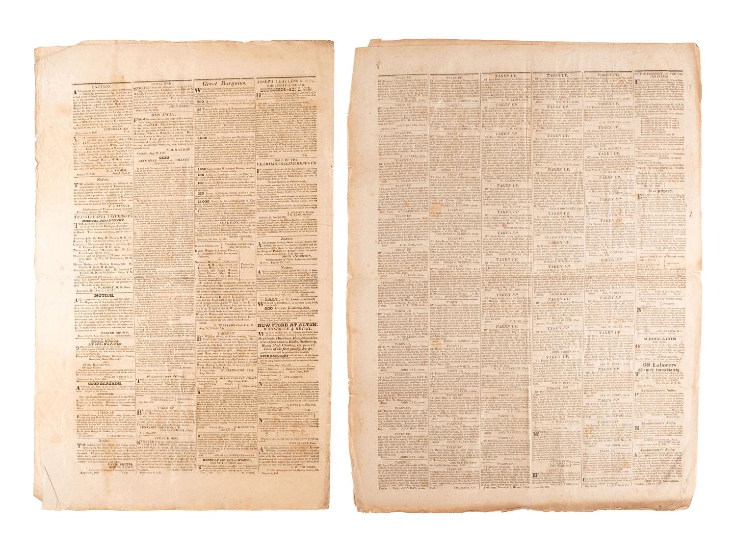 [NEWSPAPERS] -- [ILLINOIS & OHIO]. A group of 7 newspapers reporting on land dealings, politics, notices for runaways, and other matters of the 1820s-1830s, including:
