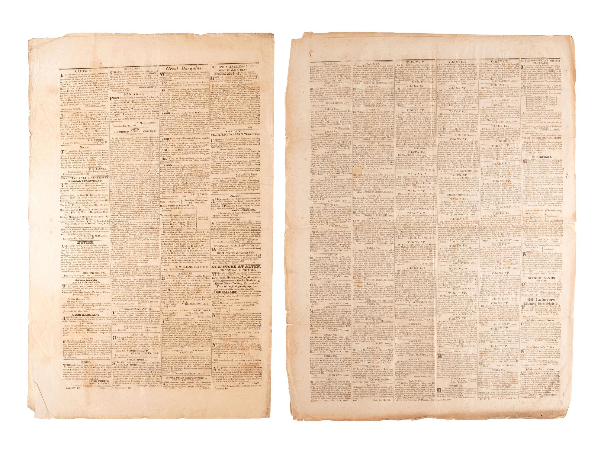 [NEWSPAPERS] -- [ILLINOIS & OHIO]. A group of 7 newspapers reporting on land dealings, politics, notices for runaways, and other matters of the 1820s-1830s, including: