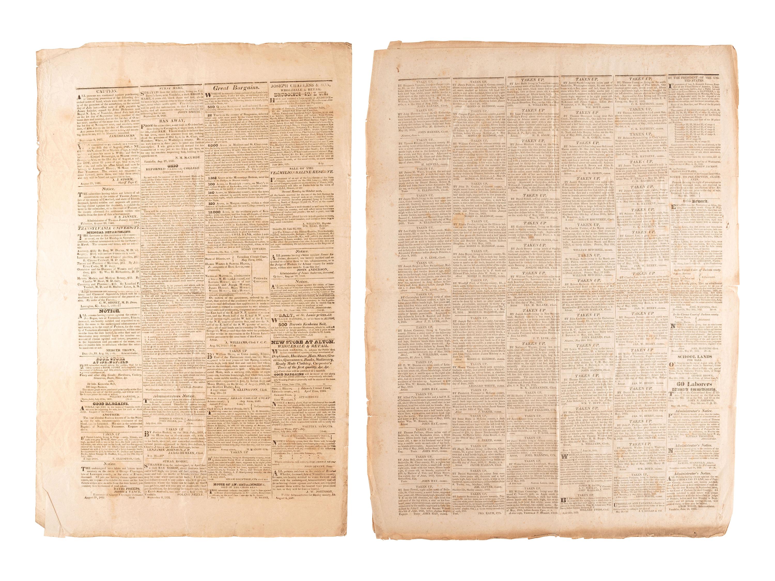[NEWSPAPERS] -- [ILLINOIS & OHIO]. A group of 7 newspapers reporting on land dealings, politics, notices for runaways, and other matters of the 1820s-1830s, including: