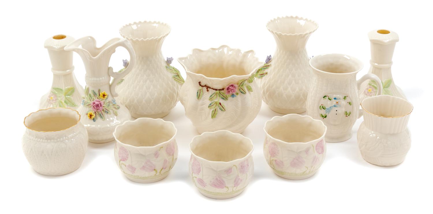 Twelve Belleek Articles Height of tallest 6 inches. — BELLEEK COLLECTORS SOCIETY, MILLENNIUM AND RETROSPECT MARKS