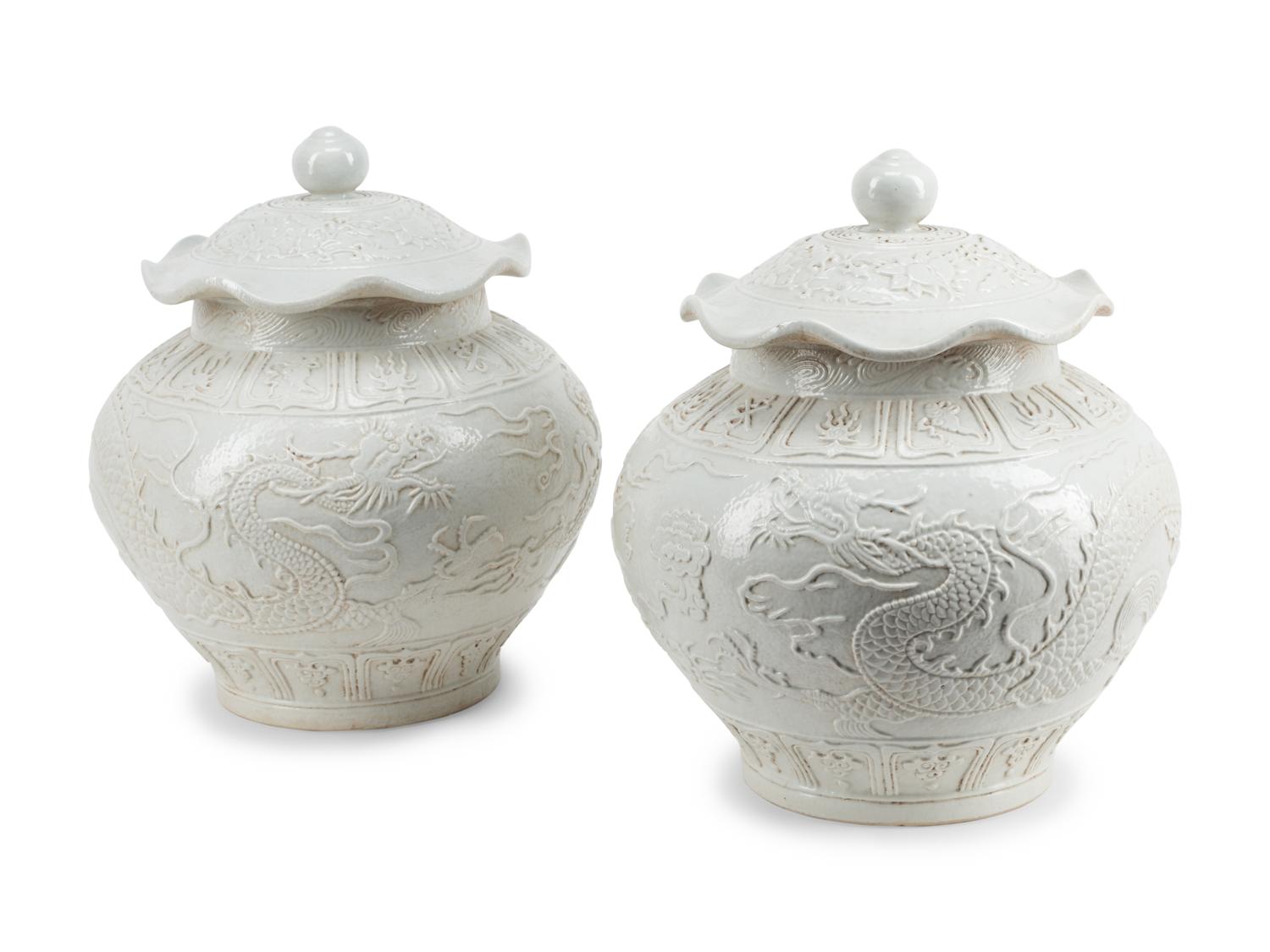 A Pair of Chinese White-Glazed Porcelain Jars