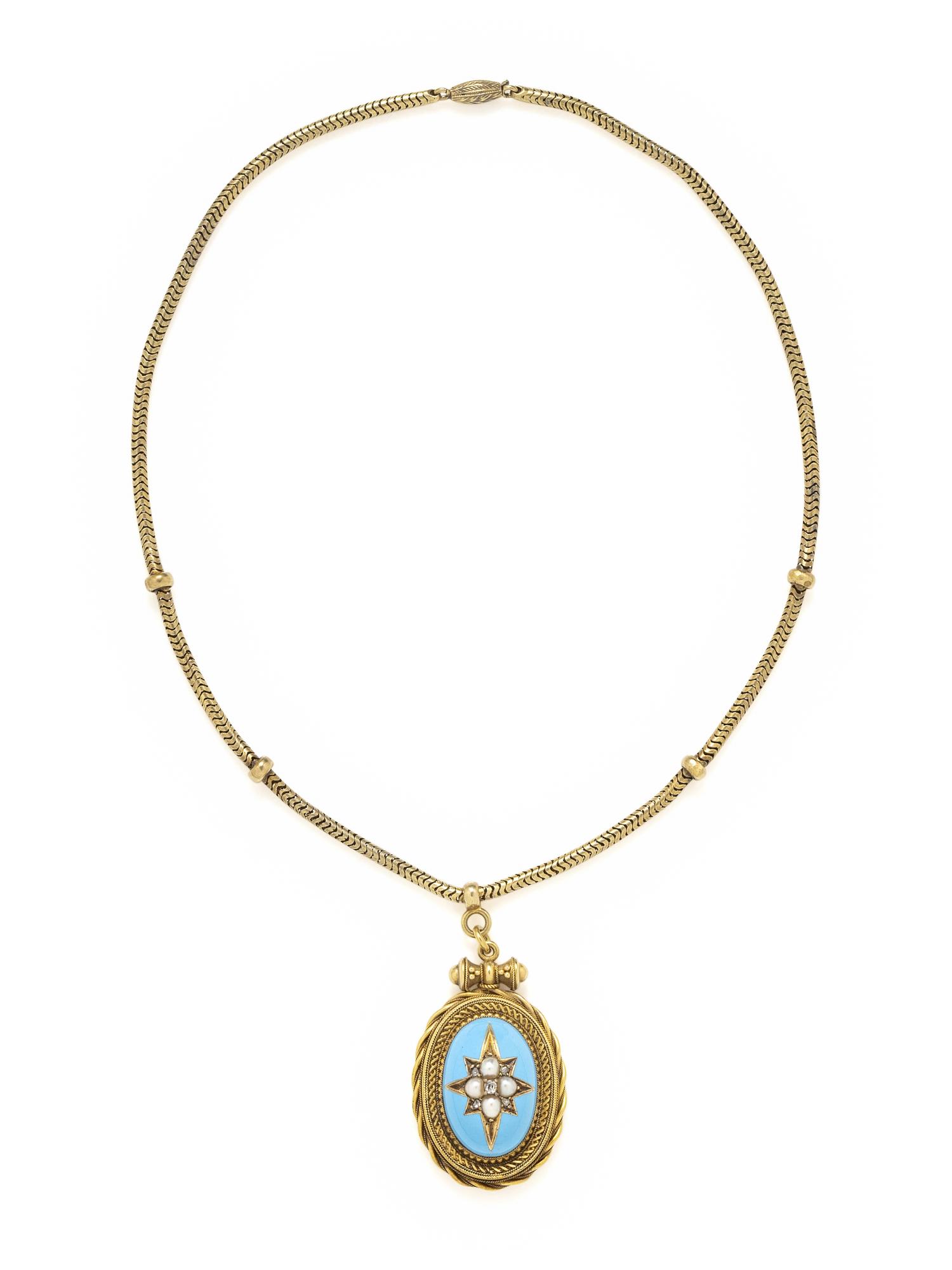 VICTORIAN, YELLOW GOLD, DIAMOND, PEARL AND ENAMEL NECKLACE