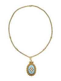 VICTORIAN, YELLOW GOLD, DIAMOND, PEARL AND ENAMEL NECKLACE
