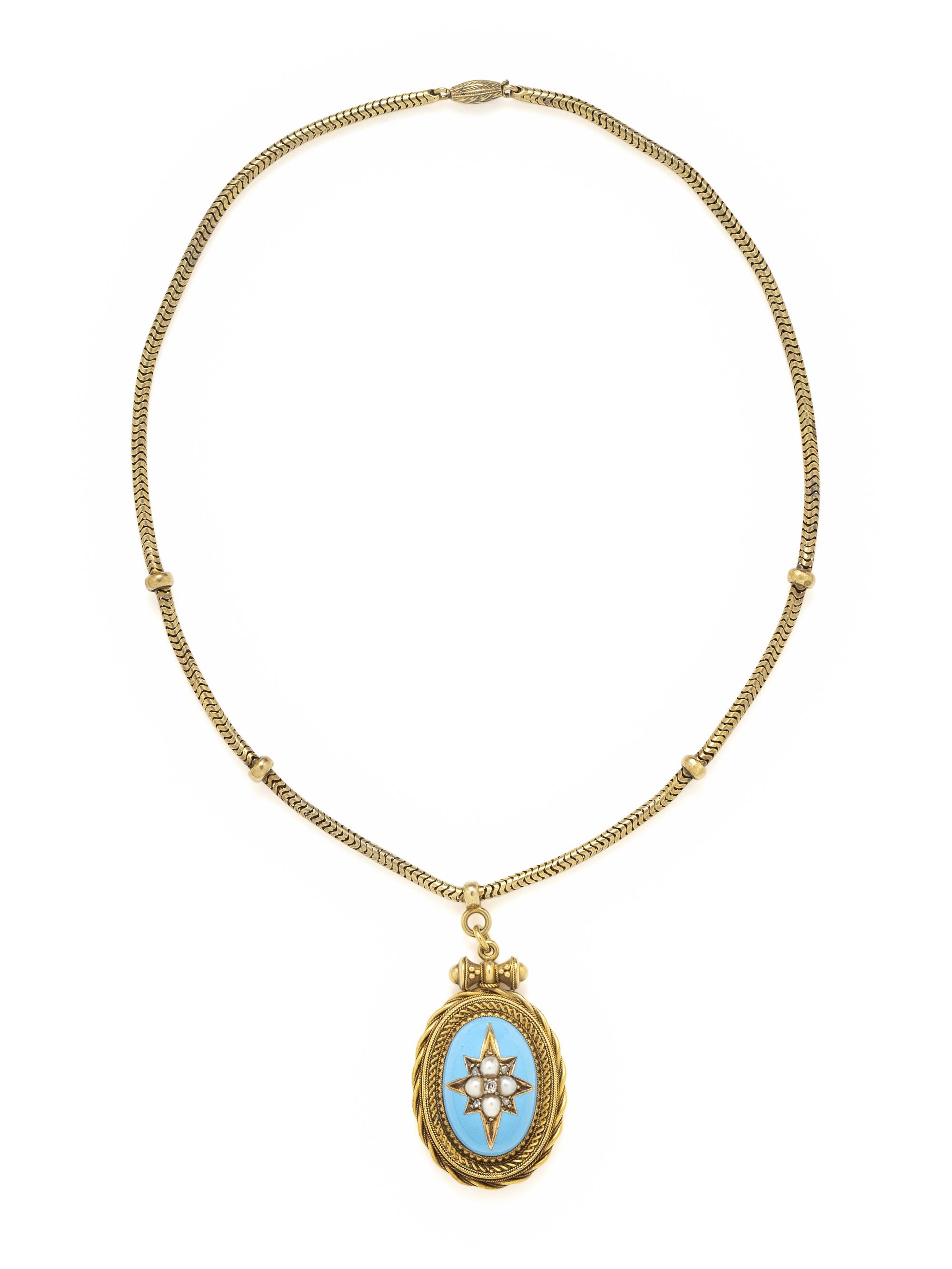 VICTORIAN, YELLOW GOLD, DIAMOND, PEARL AND ENAMEL NECKLACE