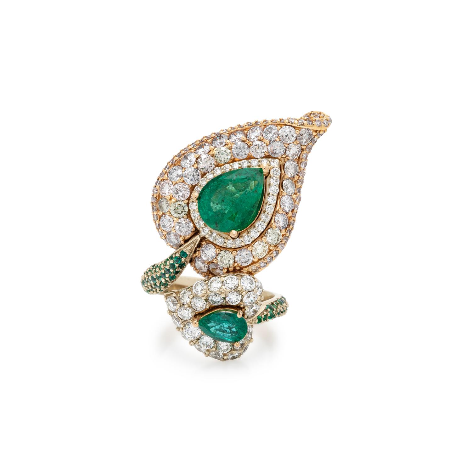EMERALD, COLORED DIAMOND, AND DIAMOND BYPASS LEAF RING