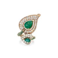 EMERALD, COLORED DIAMOND, AND DIAMOND BYPASS LEAF RING