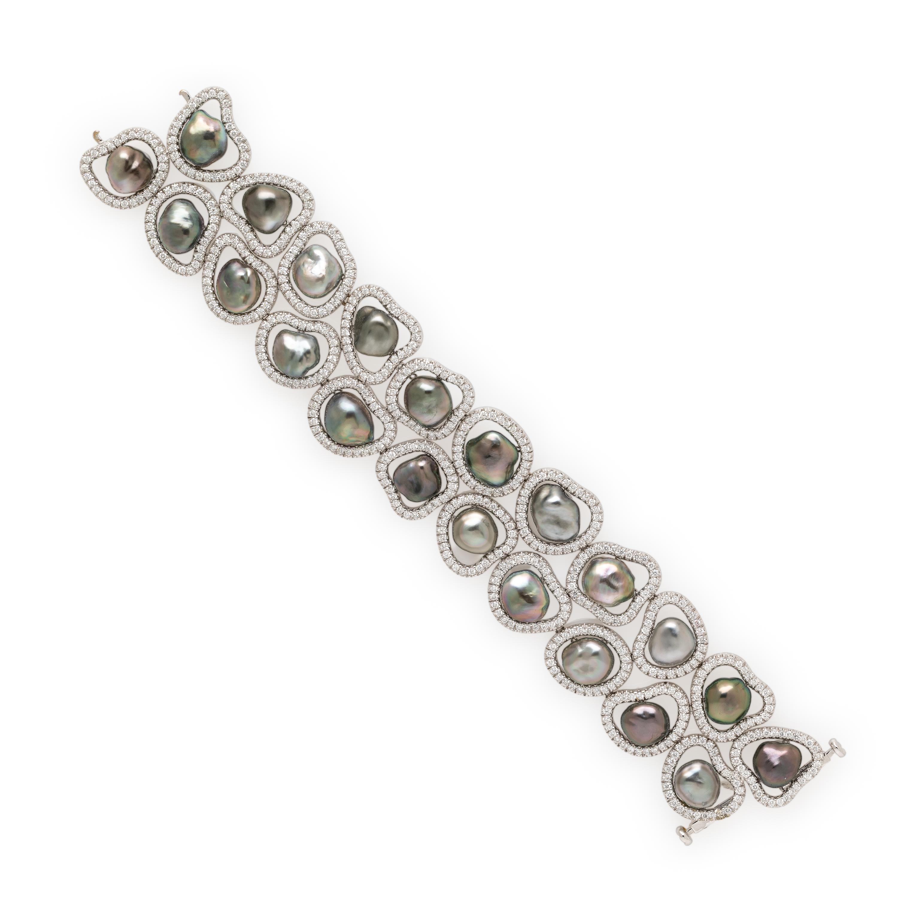 Baroque Cultured Gray Pearl and Diamond Bracelet