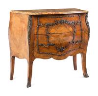 A Louis XV Style Gilt Bronze-Mounted Marquetry Marble-Top Commode
