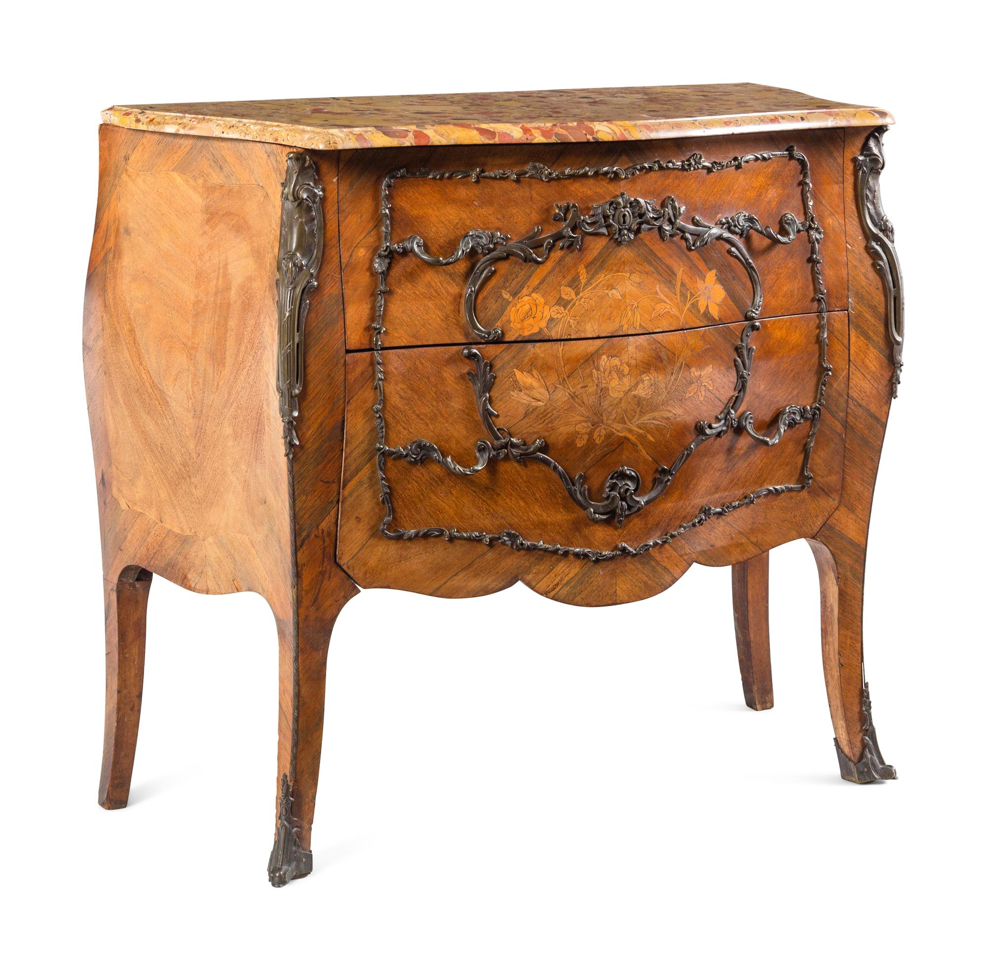 A Louis XV Style Gilt Bronze-Mounted Marquetry Marble-Top Commode