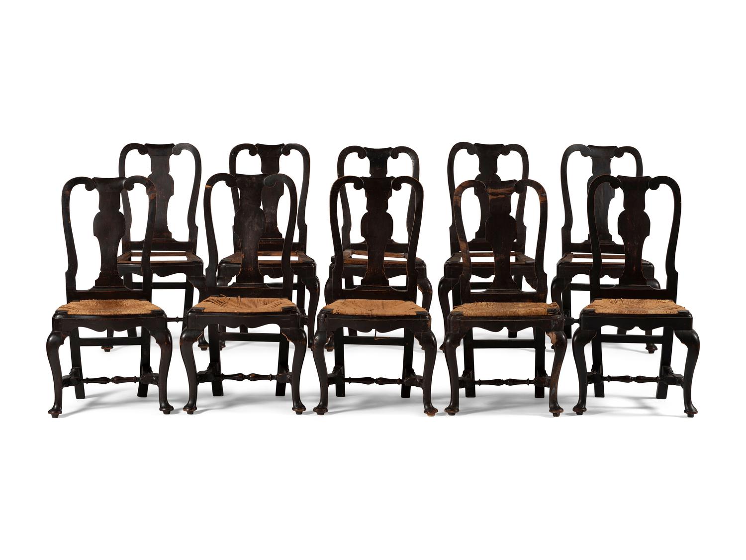 A Set of Ten Queen Anne Black-Painted Dining Chairs